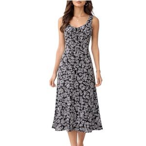 Ann Taylor LOFT Black White Floral Midi Dress Size 0 Sleeveless Tie Neck